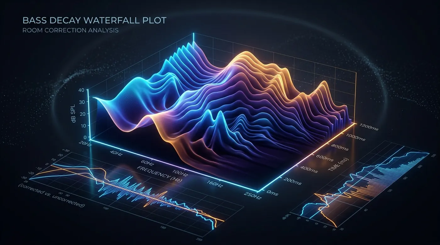 A 3D bass decay waterfall plot mapping level against frequency and time, the measurement used in room correction analysis