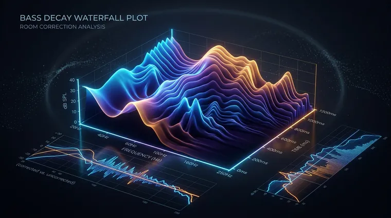 A 3D bass decay waterfall plot mapping level against frequency and time, the measurement used in room correction analysis