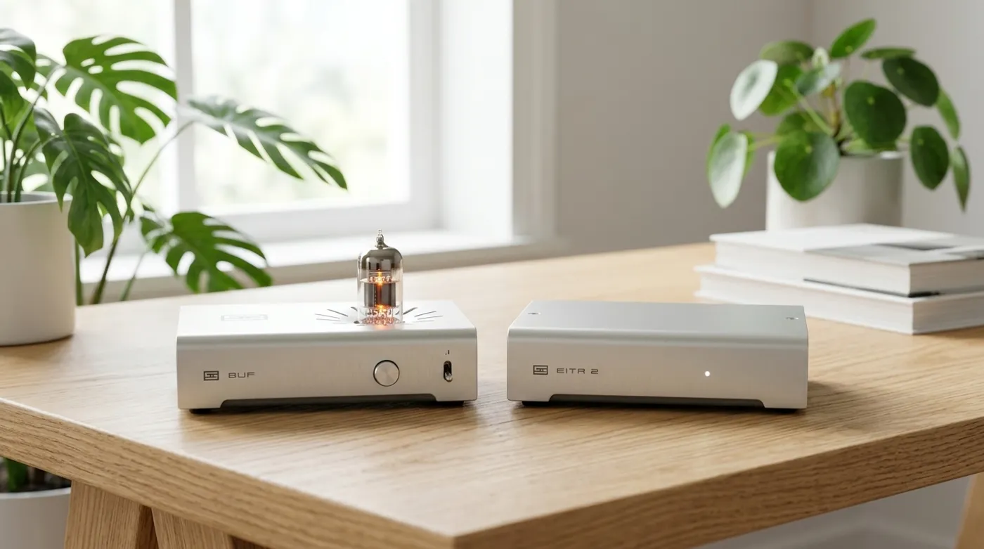 Schiit Audio Buf and Eitr 2 side-by-side on a light oak desk in a bright, sunlit minimalist room