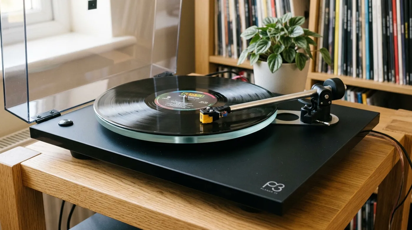 Rega Planar 3 turntable with a Nagaoka MP-110 cartridge in a hi-fi listening setup