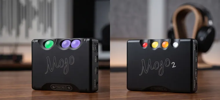 Chord Mojo (left) and Mojo 2 (right) side by side, showing their illuminated control spheres