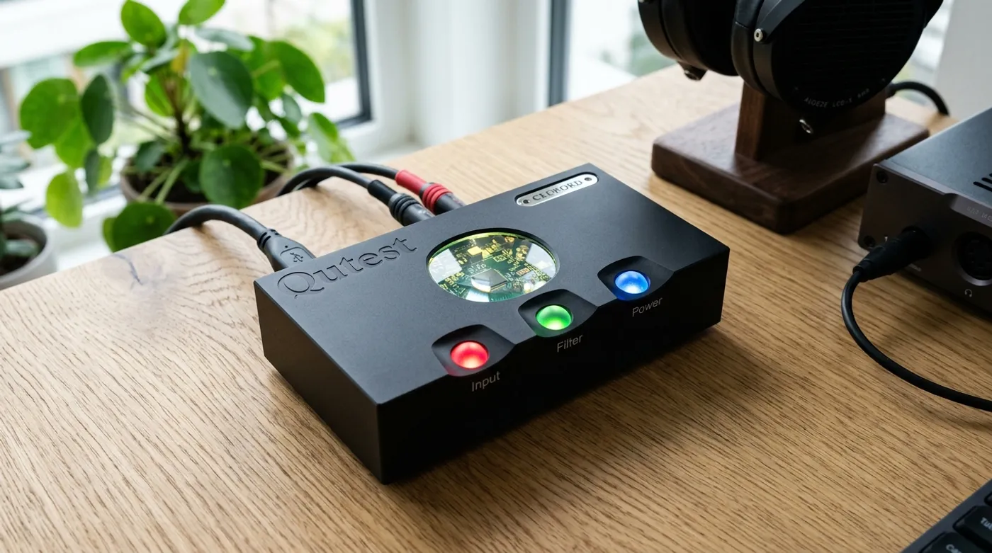 A Chord Electronics DAC with its signature illuminated control spheres on a desk