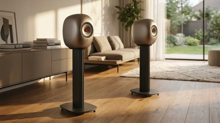 A pair of sculptural wireless speakers on stands in a lived-in family living room, late afternoon light