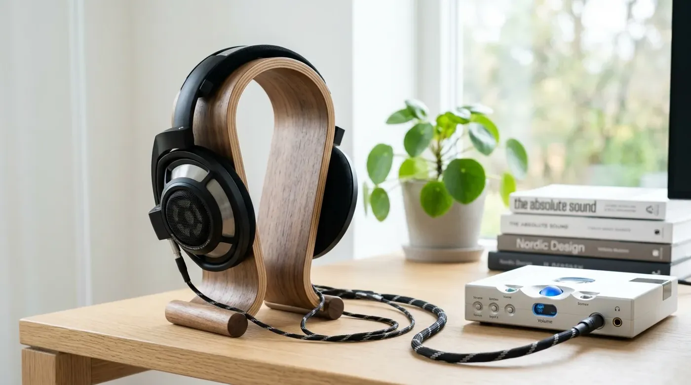 Flagship open-back headphones on a wooden stand beside a sleek silver desktop amplifier in a bright naturally lit room