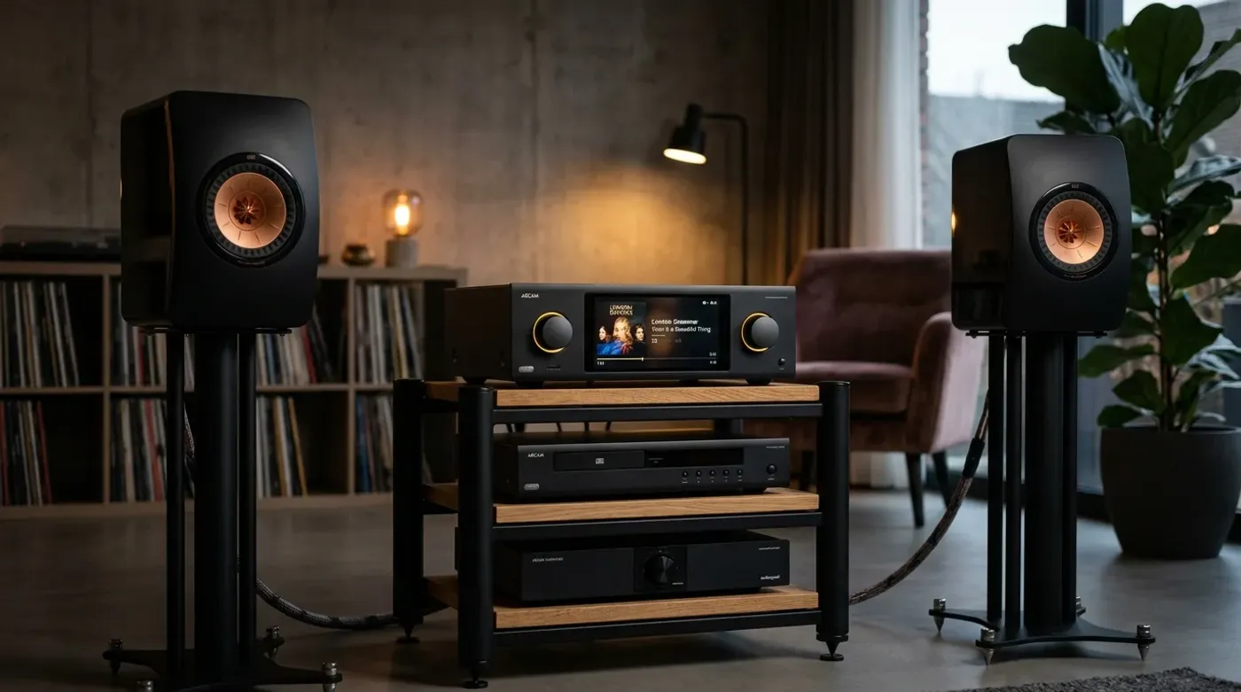 Arcam SA45 on the rack next to the KEF LS50 Metas