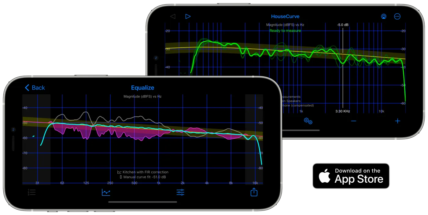 HouseCurve app shown on two iPhones, room measurement and equalizer screens with frequency-response curves