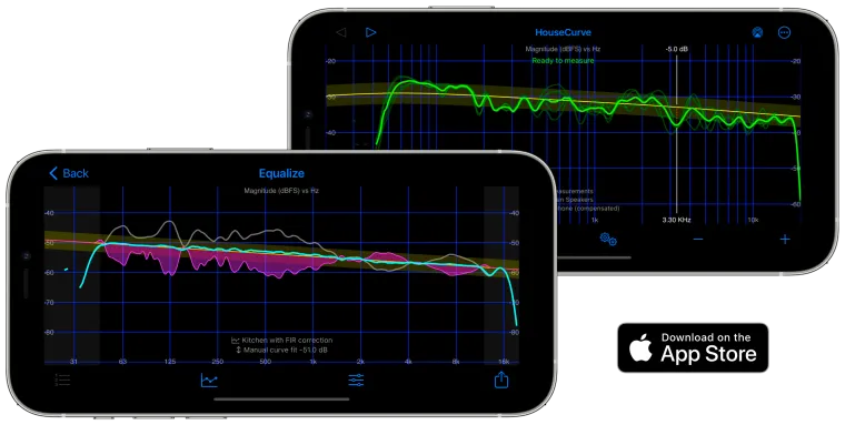 HouseCurve app shown on two iPhones, room measurement and equalizer screens with frequency-response curves