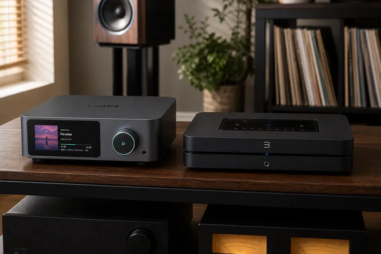 WiiM Ultra and Bluesound Node network streamers compared on a hi-fi equipment rack