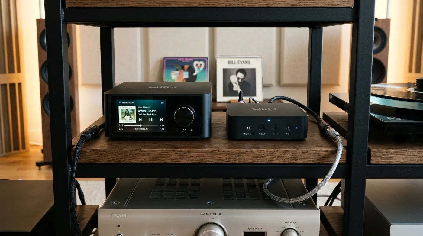 WiiM Pro Plus and WiiM Ultra network streamers side by side on a hi-fi rack