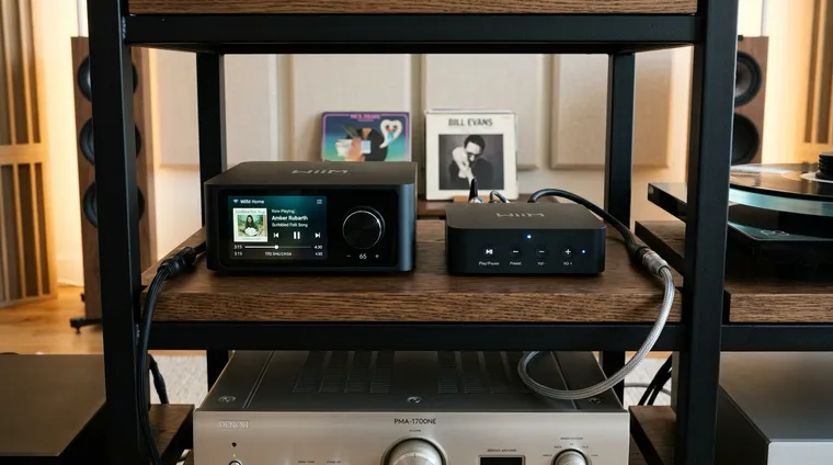 WiiM Pro Plus and WiiM Ultra network streamers side by side on a hi-fi rack