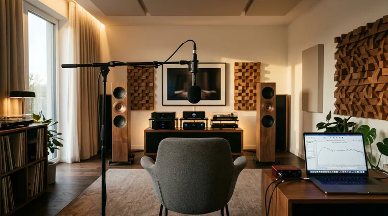 A measurement microphone on a stand at the listening seat facing a pair of speakers in a treated room, with a laptop running room measurement software
