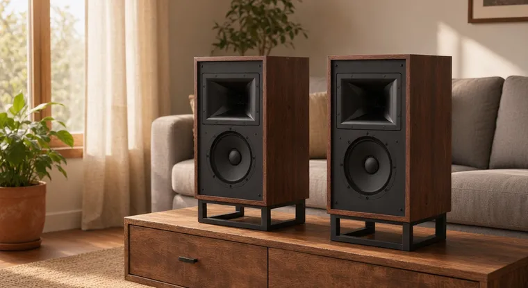 A pair of walnut Klipsch Rebellion bookshelf speakers with Tractrix horns and 8 inch woofers, grille off, sitting on a wooden table in a sunlit living room