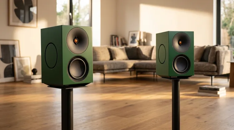 A pair of compact active speakers on stands in a modern living room, one turned to show the side-firing passive radiator