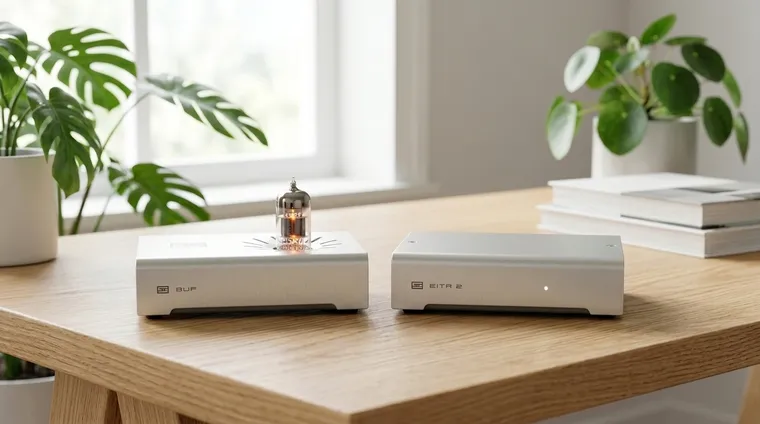 Schiit Audio Buf and Eitr 2 side-by-side on a light oak desk in a bright, sunlit minimalist room