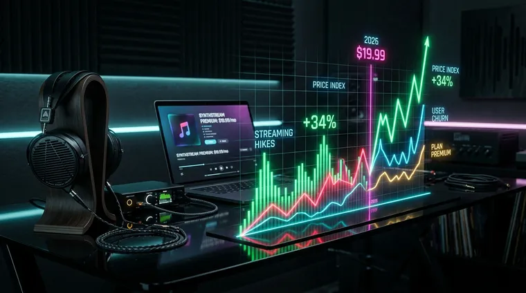 A sleek audiophile studio desk setup with high-end headphones, a DAC, and a glowing digital spectrum chart showing music streaming price hikes.