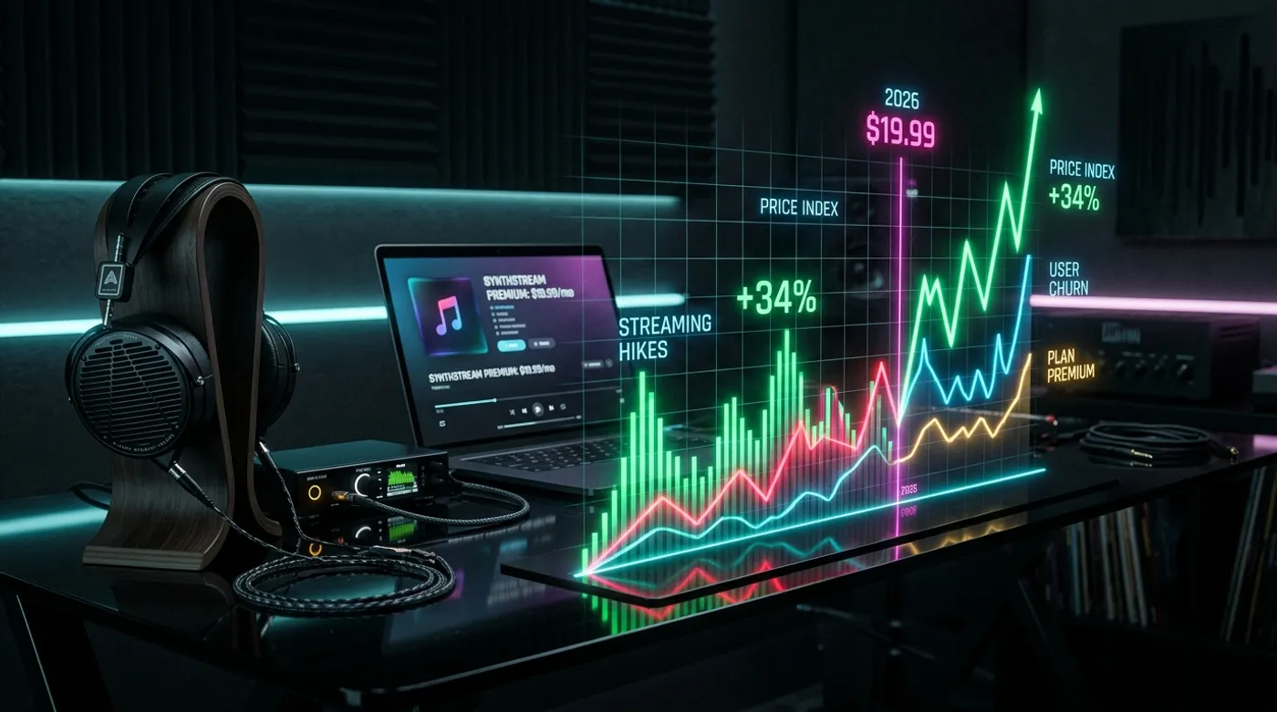 A sleek audiophile studio desk setup with high-end headphones, a DAC, and a glowing digital spectrum chart showing music streaming price hikes.
