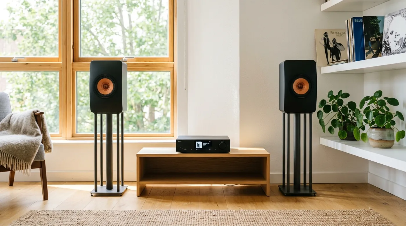 KEF LS50 Meta speakers beside a compact streaming integrated amplifier in a bright listening room
