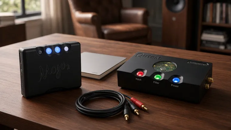 Chord Mojo 2 and Chord Qutest on a walnut desk in a listening room, the two DACs in this guide I have actually lived with