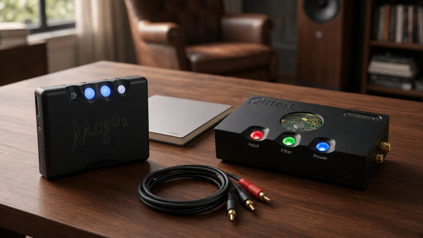 Chord Mojo 2 and Chord Qutest on a walnut desk in a listening room, the two DACs in this guide I have actually lived with