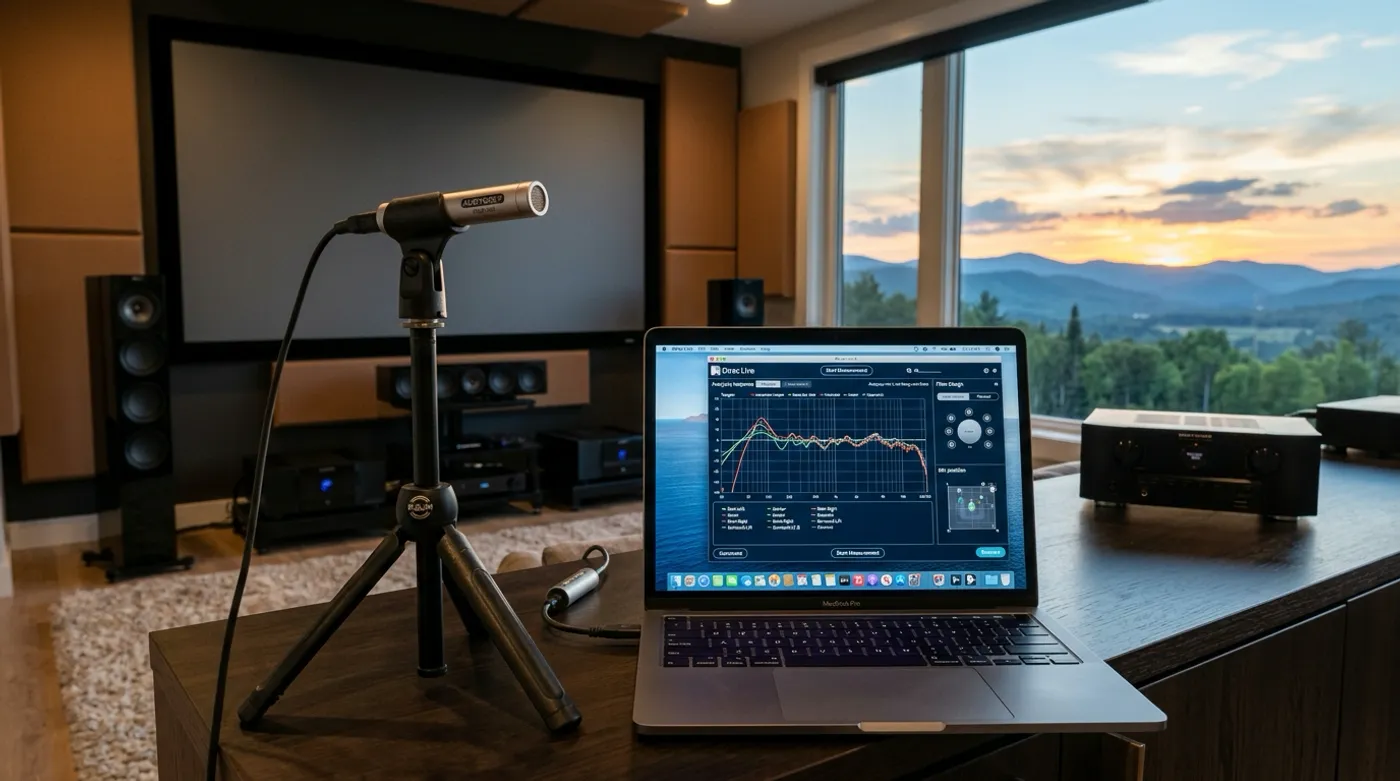 Frequency response and phase measurements comparing room correction results in a listening room