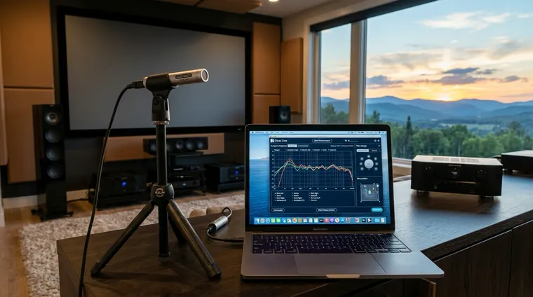 Frequency response and phase measurements comparing room correction results in a listening room