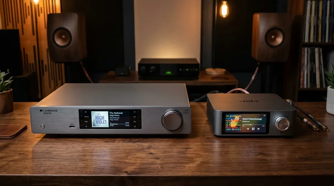 A Cambridge Audio streamer and a WiiM streamer side by side on a walnut desk in a hi-fi listening room