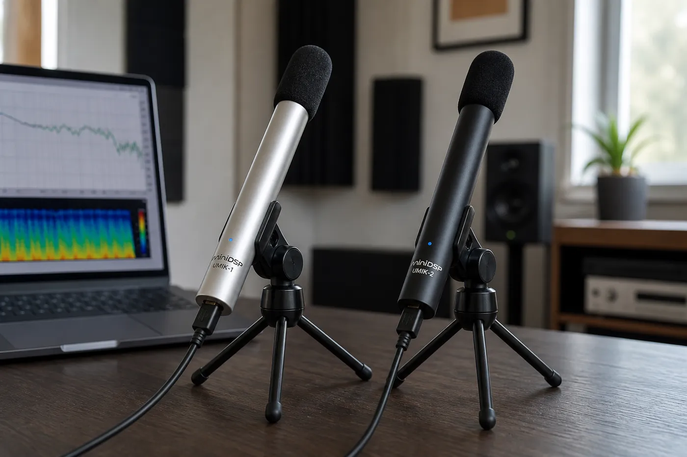 miniDSP UMIK-1 and UMIK-2 USB measurement microphones on a mic stand in a listening room
